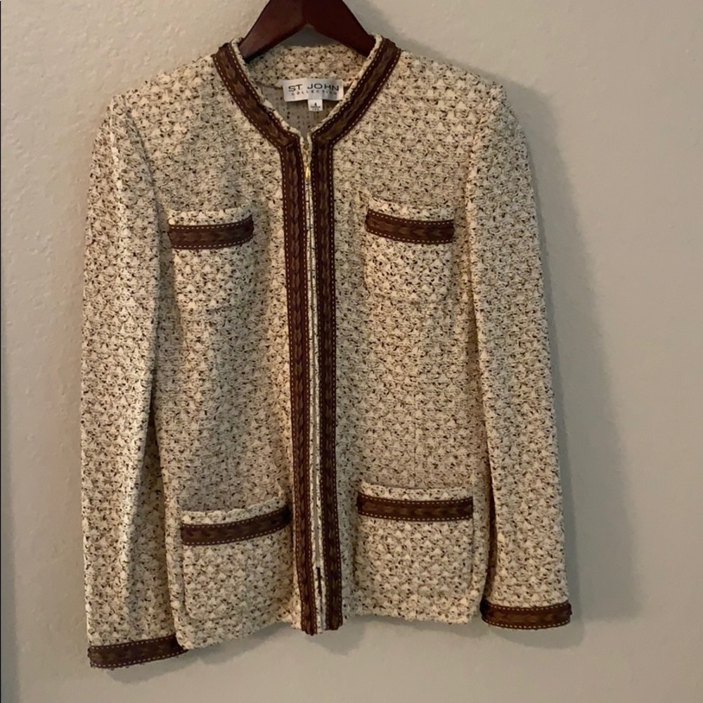 St. John Collection Cream Tweed Knit Jacket with Brown Trim - Picture 3 of 8